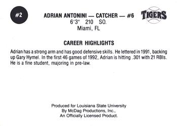 1992 LSU Tigers #2 Adrian Antonini Back