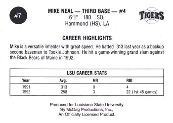 1992 LSU Tigers #7 Mike Neal Back