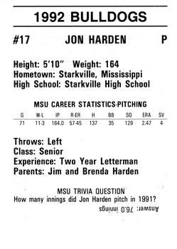 1992 Mississippi State Bulldogs #NNO Jon Harden Back