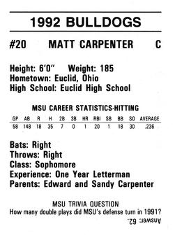 1992 Mississippi State Bulldogs #NNO Matt Carpenter Back