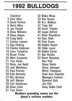 1992 Mississippi State Bulldogs #NNO Checklist Back