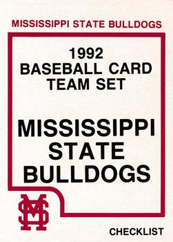 1992 Mississippi State Bulldogs #NNO Checklist Front