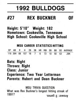 1992 Mississippi State Bulldogs #NNO Rex Buckner Back
