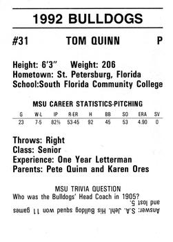 1992 Mississippi State Bulldogs #NNO Tom Quinn Back