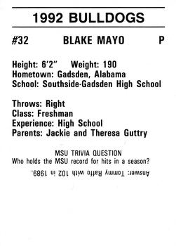 1992 Mississippi State Bulldogs #NNO Blake Mayo Back
