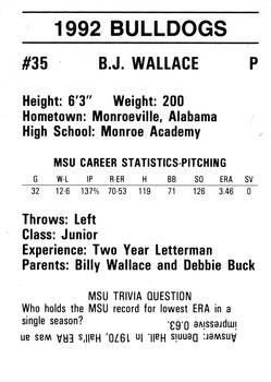 1992 Mississippi State Bulldogs #NNO B.J. Wallace Back
