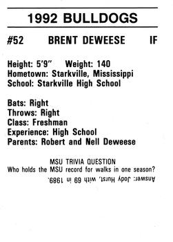 1992 Mississippi State Bulldogs #NNO Brent Deweese Back