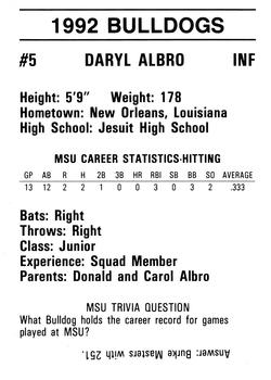 1992 Mississippi State Bulldogs #NNO Daryl Albro Back