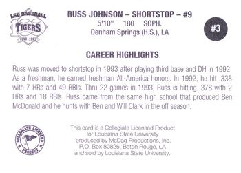1993 LSU Tigers #3 Russ Johnson Back