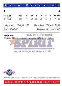 1993 Classic Best San Bernardino Spirit #9 Ryan Freeburg Back