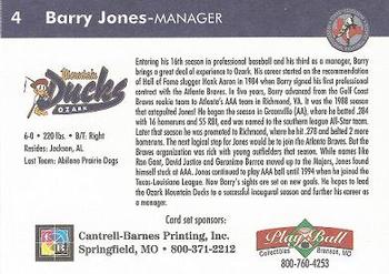 1999 Play Ball Ozark Mountain Ducks #4 Barry Jones Back