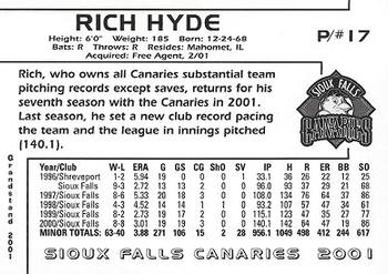 2001 Grandstand Sioux Falls Canaries #15 Rich Hyde Back
