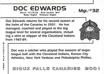 2001 Grandstand Sioux Falls Canaries #1 Doc Edwards Back