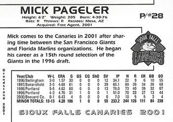 2001 Grandstand Sioux Falls Canaries #20 Mick Pageler Back