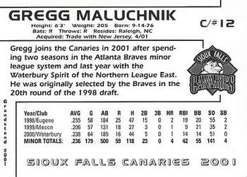 2001 Grandstand Sioux Falls Canaries #22 Gregg Maluchnik Back