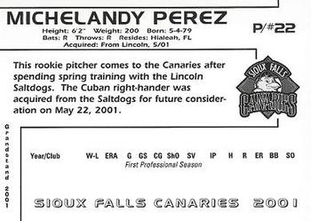2001 Grandstand Sioux Falls Canaries #23 Michelandy Perez Back