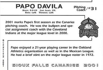 2001 Grandstand Sioux Falls Canaries #24 Papo Davila Back