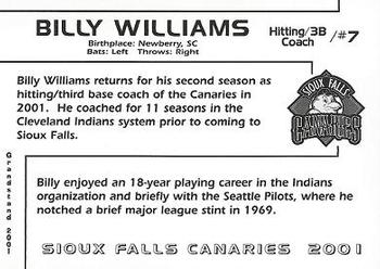 2001 Grandstand Sioux Falls Canaries #25 Billy Williams Back
