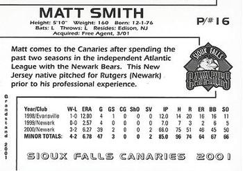 2001 Grandstand Sioux Falls Canaries #5 Matt Smith Back