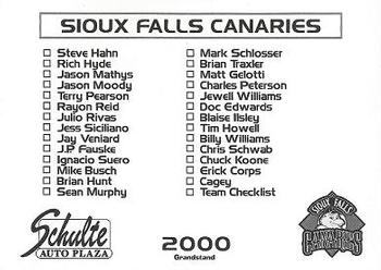 2000 Grandstand Sioux Falls Canaries #28 Team Checklist Back