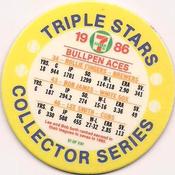1986 7-Eleven Triple Stars Coins: Central Region #XI Rollie Fingers / Bob James / Lee Smith Back
