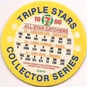 1986 7-Eleven Triple Stars Coins: Central Region #XII Carlton Fisk / Lance Parrish / Tony Pena Back