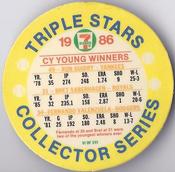 1986 7-Eleven Triple Stars Coins: Central Region #VI Ron Guidry / Bret Saberhagen / Fernando Valenzuela Back