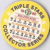 1986 7-Eleven Triple Stars Coins: Central Region #VII Rich Gossage / Dan Quisenberry / Bruce Sutter Back