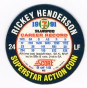 1991 Score 7-Eleven Superstar Action Coins: Atlantic Region #5 HS Rickey Henderson Back