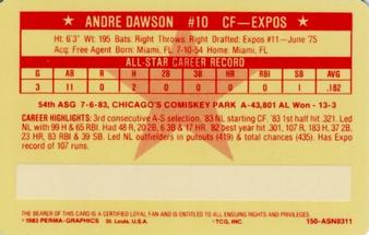 1983 Perma-Graphics All-Star Credit Cards #11 Andre Dawson Back