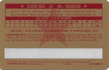 1983 Perma-Graphics All-Star Credit Cards - Gold #15 Steve Sax Back