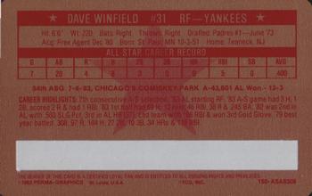 1983 Perma-Graphics All-Star Credit Cards - Gold #8 Dave Winfield Back