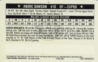 1983 Perma-Graphics Super Stars Credit Cards #4 Andre Dawson Back