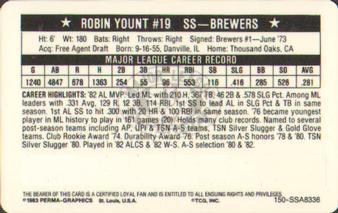 1983 Perma-Graphics Super Stars Credit Cards #36 Robin Yount Back