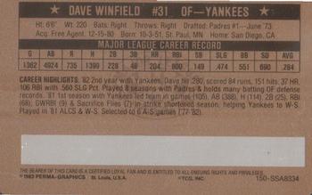 1983 Perma-Graphics Super Stars Credit Cards - Gold #34 Dave Winfield Back