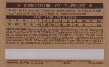 1983 Perma-Graphics Super Stars Credit Cards - Gold #2 Steve Carlton Back