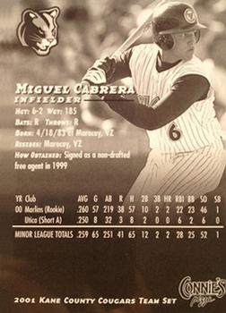 2001 Connies Pizza Kane County Cougars #NNO Miguel Cabrera Back
