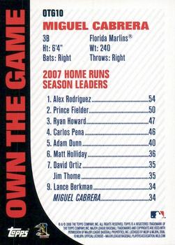 2008 Topps - Own the Game #OTG10 Miguel Cabrera Back