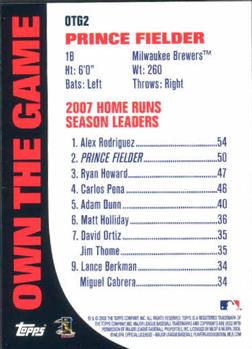 2008 Topps - Own the Game #OTG2 Prince Fielder Back