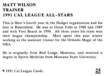 1991 Cal League All-Stars #25 Matt Wilson Back