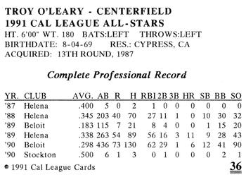 1991 Cal League All-Stars #36 Troy O'Leary Back