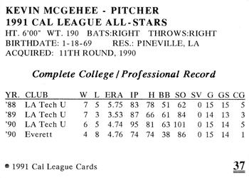 1991 Cal League All-Stars #37 Kevin McGehee Back