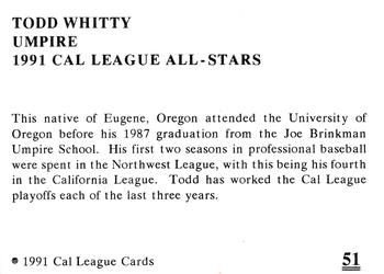1991 Cal League All-Stars #51 Todd Whitty Back