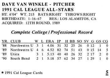 1991 Cal League All-Stars #5 Dave Van Winkle Back