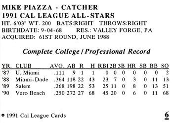 1991 Cal League All-Stars #6 Mike Piazza Back