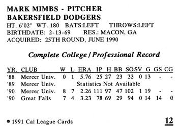 1991 Cal League Bakersfield Dodgers #12 Mark Mimbs Back