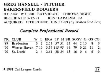 1991 Cal League Bakersfield Dodgers #17 Greg Hansell Back