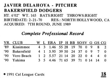 1991 Cal League Bakersfield Dodgers #18 Javier de la Hoya Back