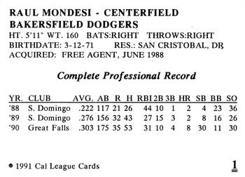 1991 Cal League Bakersfield Dodgers #1 Raul Mondesi Back