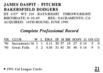 1991 Cal League Bakersfield Dodgers #21 James Daspit Back